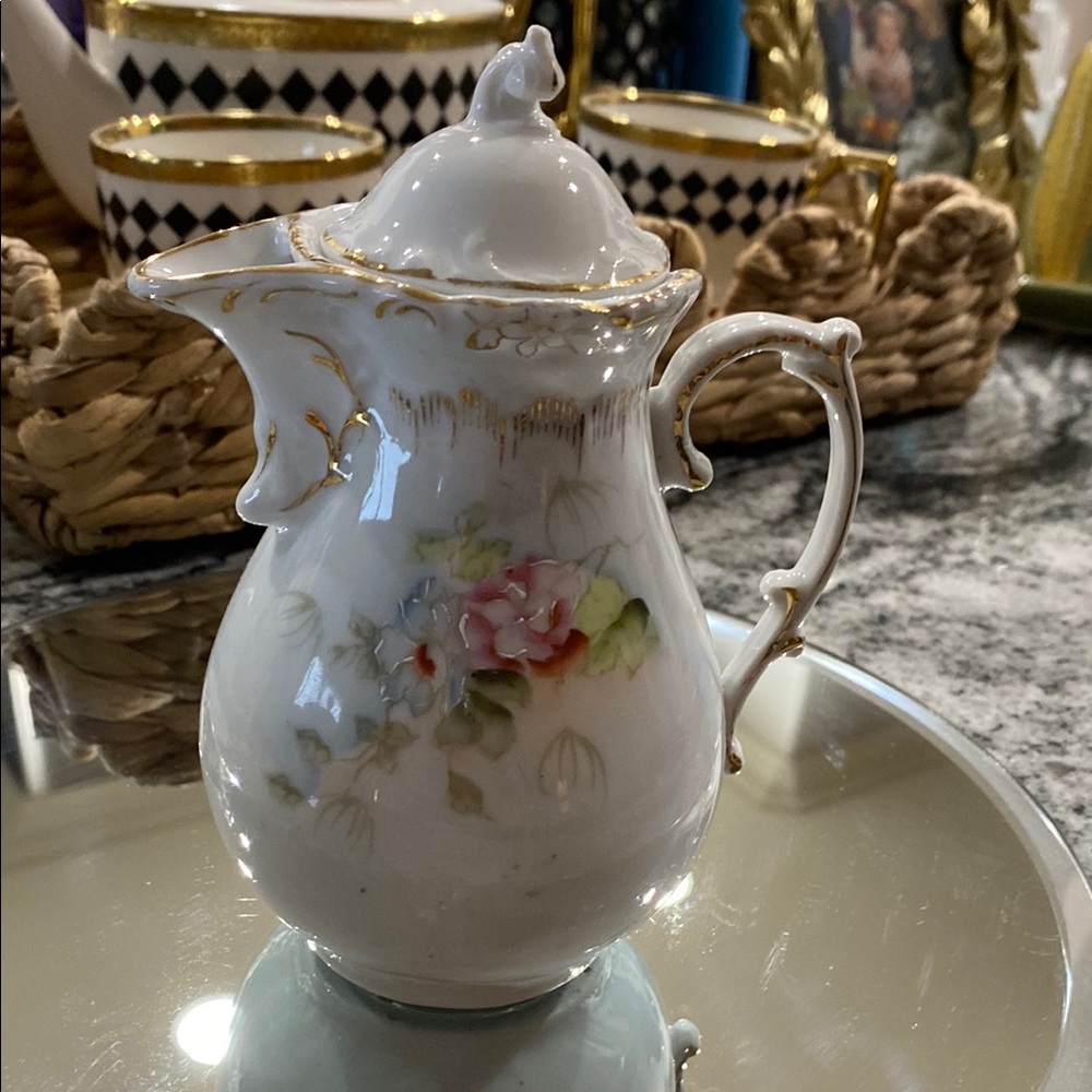 Antique White Porcelain Hand Painted Chocolate Pot with Roses, Forget Me Nots!